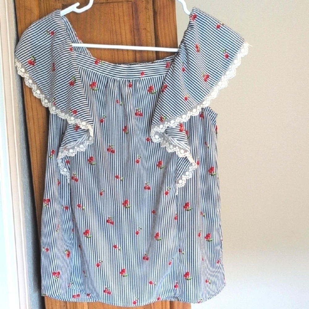 Monteau Striped Cherry-Print Top